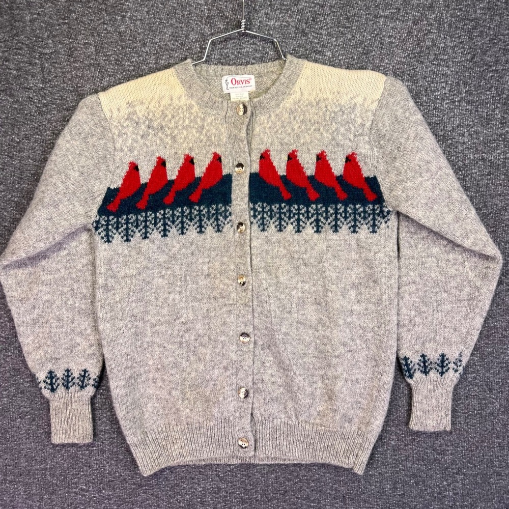 Orvis Cardigan Sweater Womens‎ 38 Gray Cardinal Bird Wool Vintage Winter Cabin